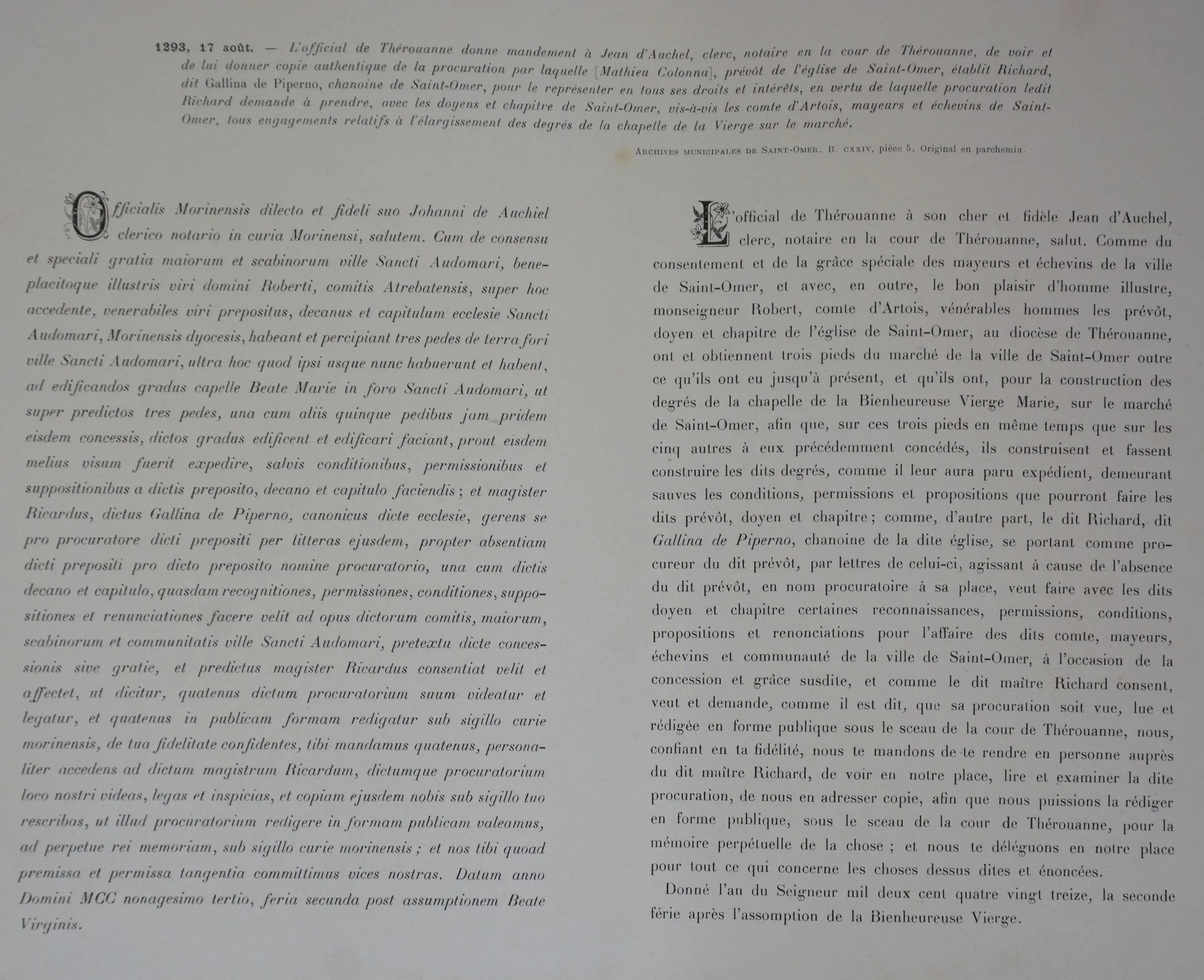 Charte de l'official de Thérouanne Aout 1293