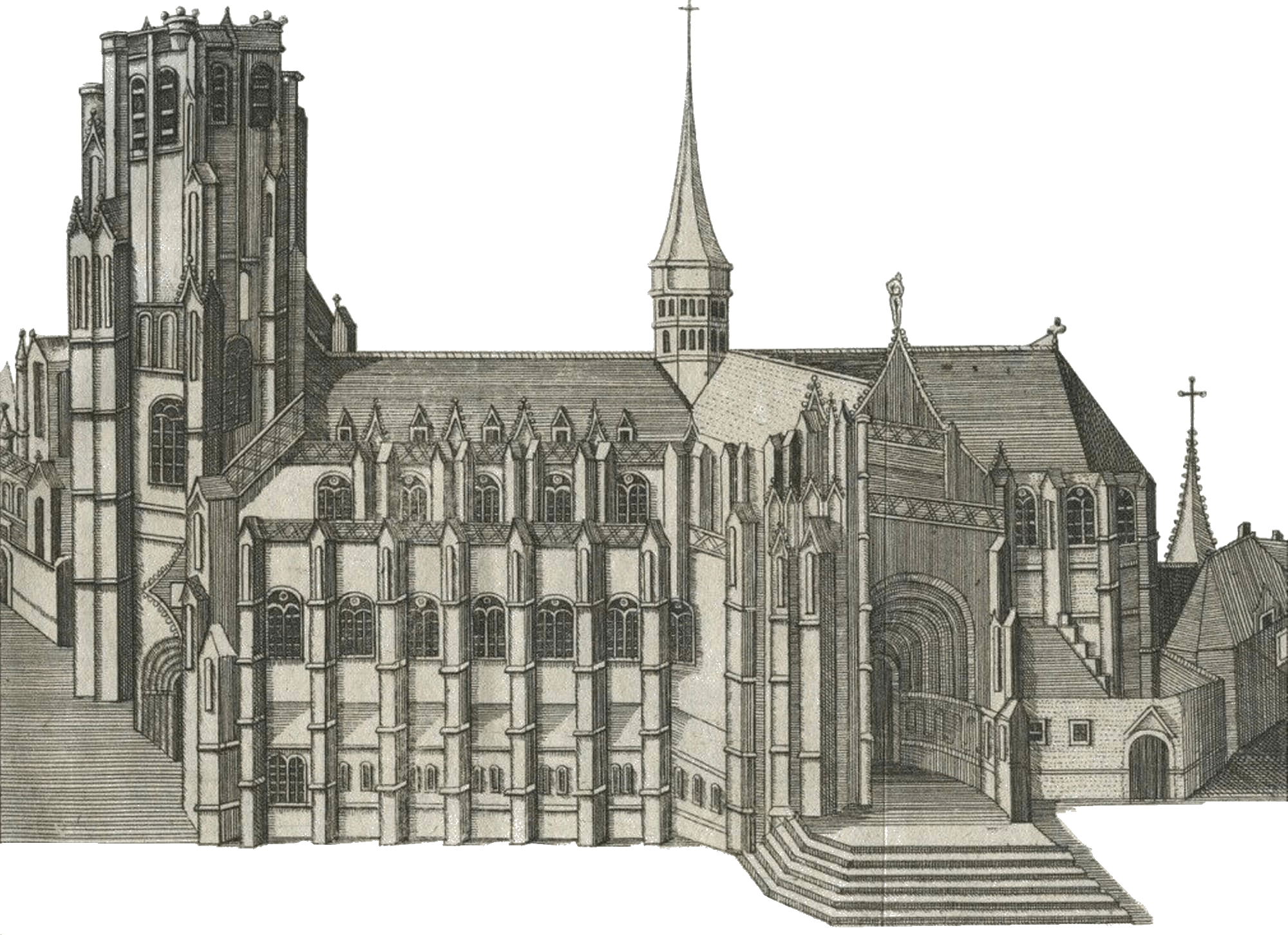 Gravure du XVII ème siècle, la cathédrale posséde encore sa flèche qui sera détruite par une tempête en 1606