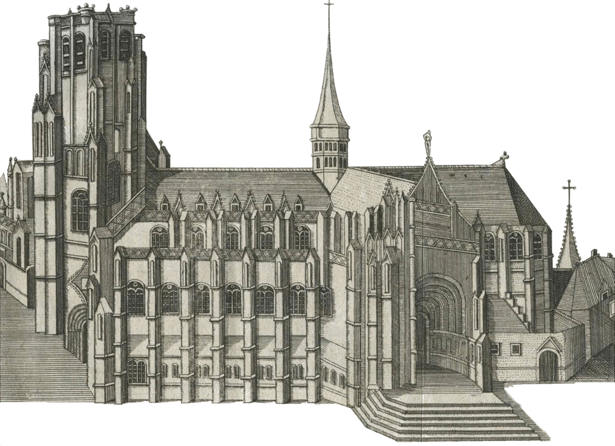Gravure du XVII ème siècle, la Cathédrale Notre Dame de Saint-Omer posséde encore sa flèche qui sera détruite par une tempête en 1606 Gravure du XVII ème siècle, la Cathédrale Notre Dame de Saint-Omer posséde encore sa flèche qui sera détruite par une tempête en 1606