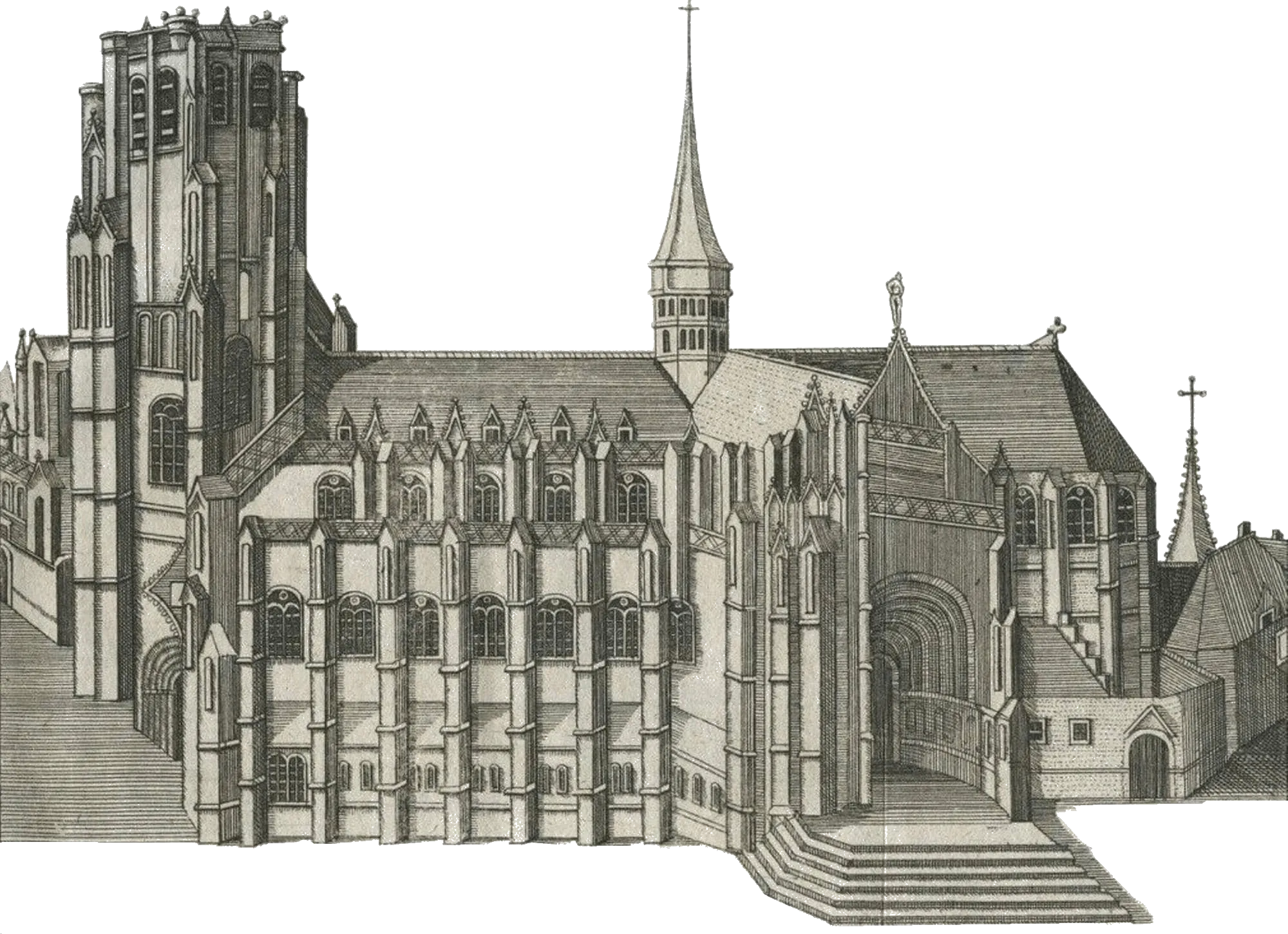 Gravure du XVII ème siècle, la cathédrale posséde encore sa flèche qui sera détruite par une tempête en 1606