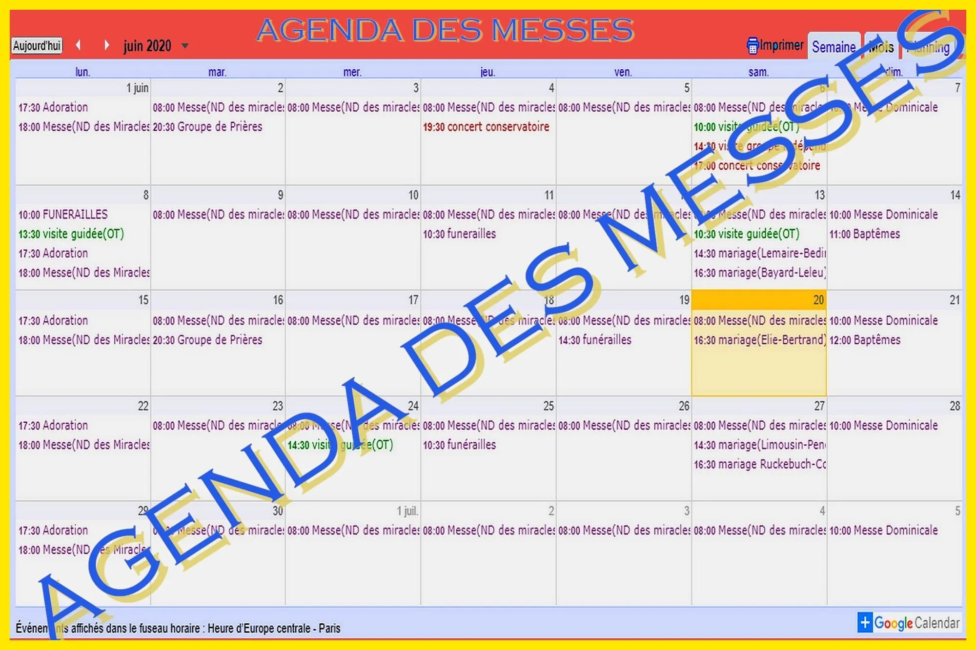 Agenda des Messes de la Cathédrale de Saint-Omer