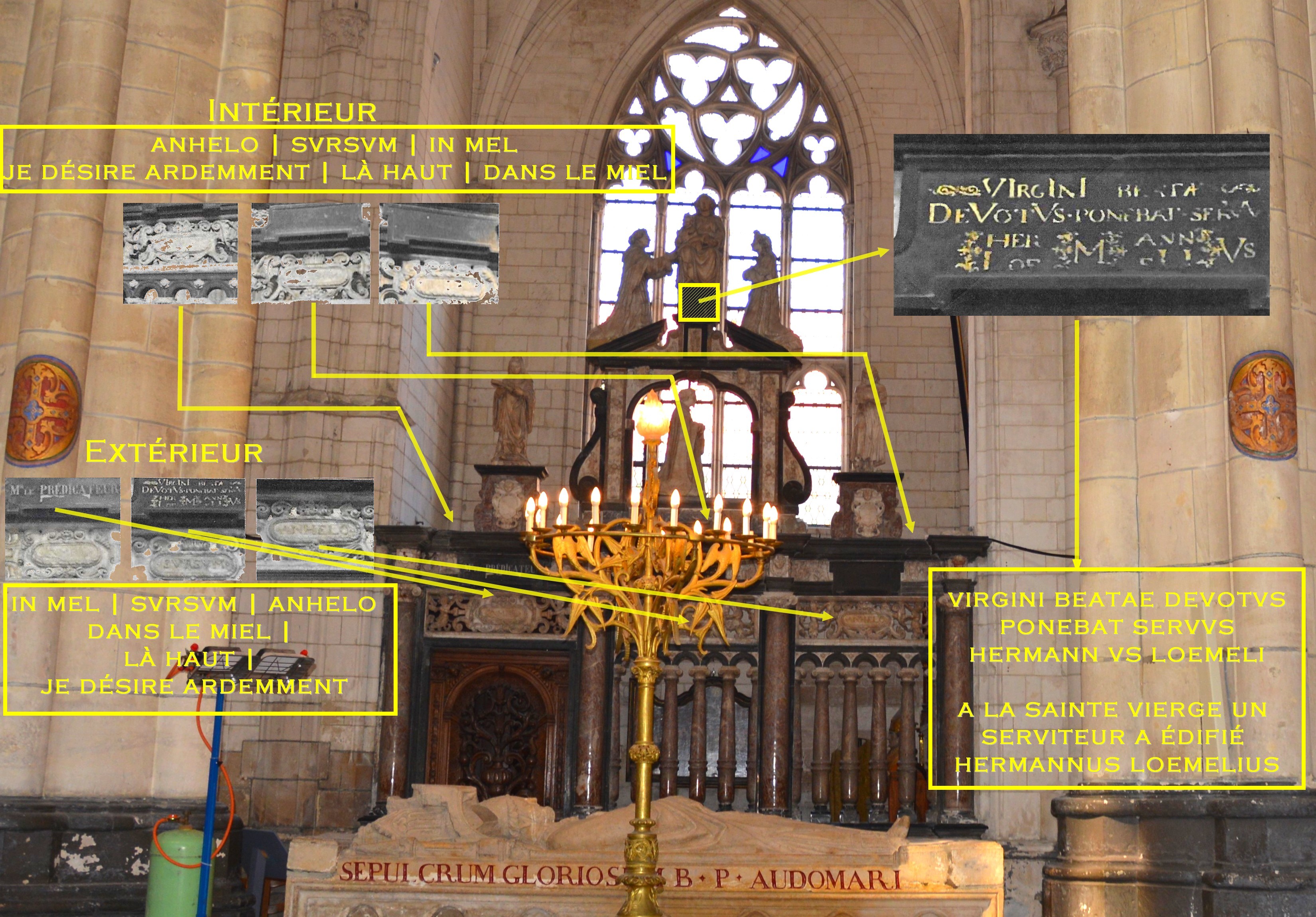 Cathédrale de Saint-Omer - Chapelle Saint Jacques Apôtre, clôture de 1634   monumentale. Au sommet la Très Sainte Vierge ayant à sa droite un de ses grands serviteurs, le Bienheureux  Hermann  Joseph,  de l'ordre de Prémontré au X   ème  siècle et patron du chanoine donateur Hermann Lœmel que l'on voit lui-même  à genoux  dans une grande arcade ajourée.