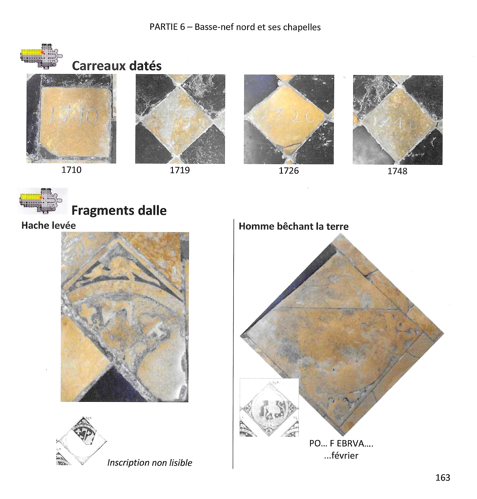 Cathédrale de Saint-Omer -  dallage de la Nef, travée latérale D8 fragments de dalles gravées