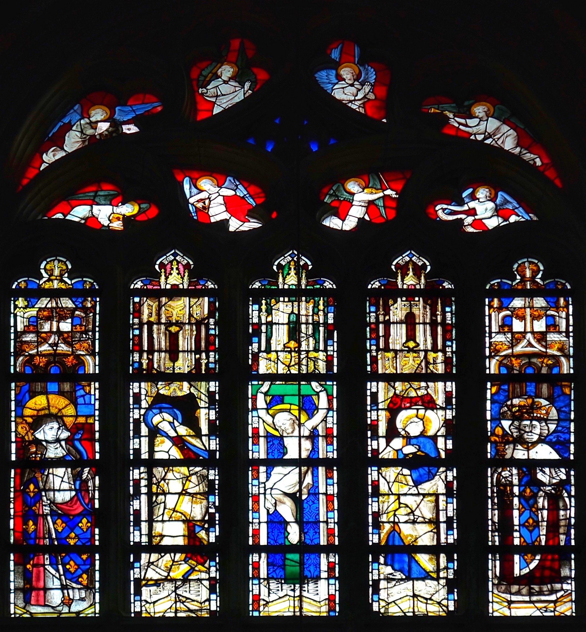 Sainte Isbergues ; Vierge ; Crucifixion ; Saint Jean ; Saint Louis 