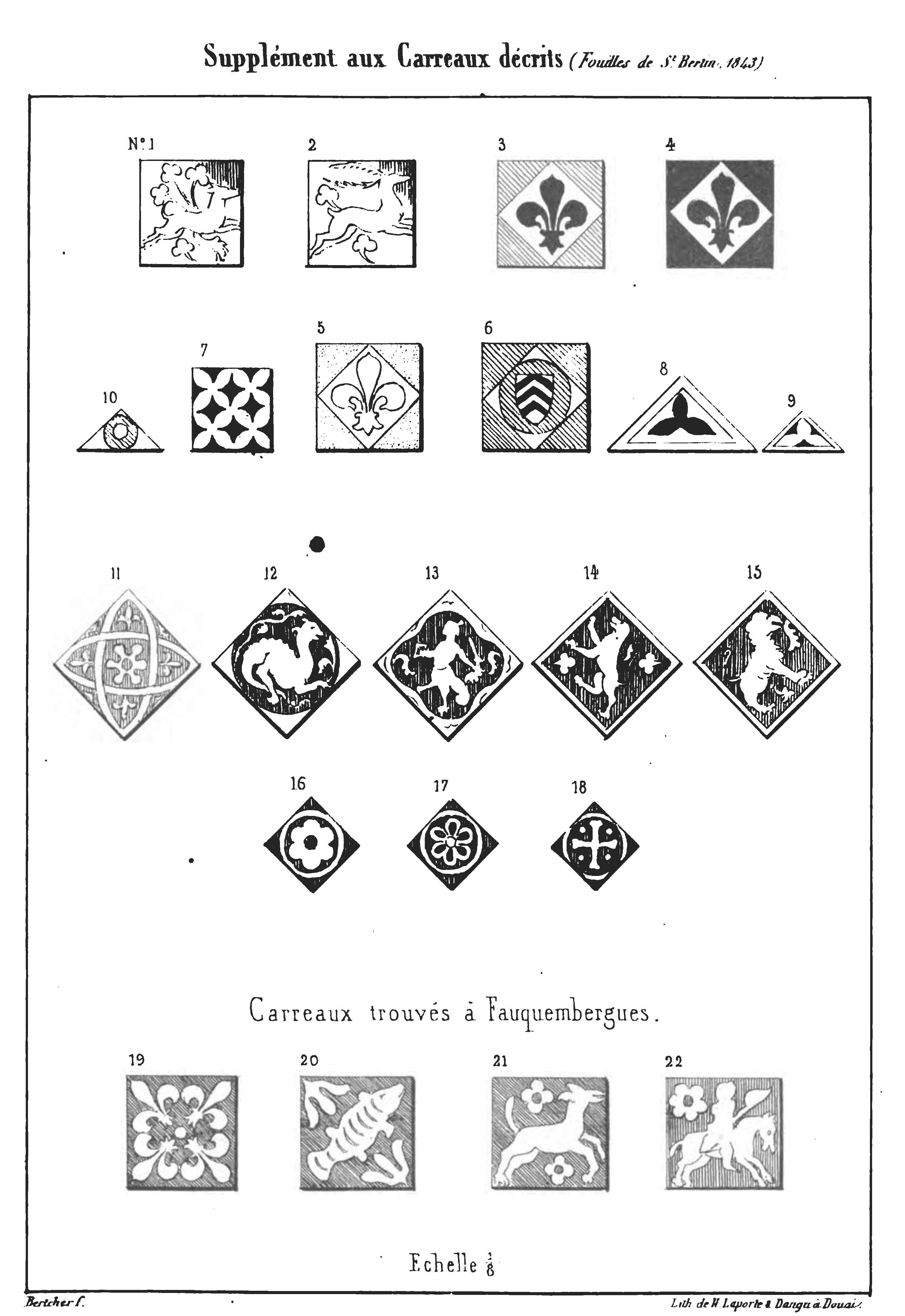Planche IX : Deux carrelages composés de carreaux de terre cuite vernissés le premier a été découvert aux Archives de l’anc. Cathéd. en 1838 - Le second lors des Fouilles faites à St Bertin en 1843, Bertcher d’après M. Wallet, lithographie de H. Laporte et Dangu (CPE 653-79 bis/9)