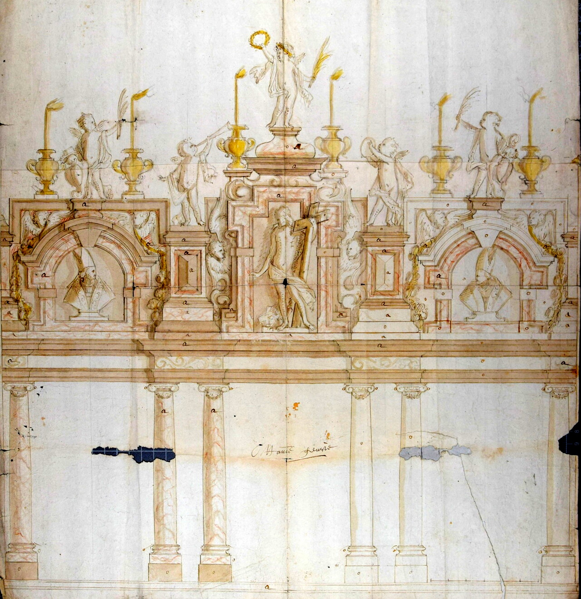 Dessin du jubé de la cathédrale de St-Omer (1686). ( ©Bibliothèque d’agglomération du pays de Saint-Omer, Dépôt des Archives départementales du Pas-de-Calais ) Dessin du jubé de la cathédrale de St-Omer (1686). ( ©Bibliothèque d’agglomération du pays de Saint-Omer, Dépôt des Archives départementales du Pas-de-Calais )