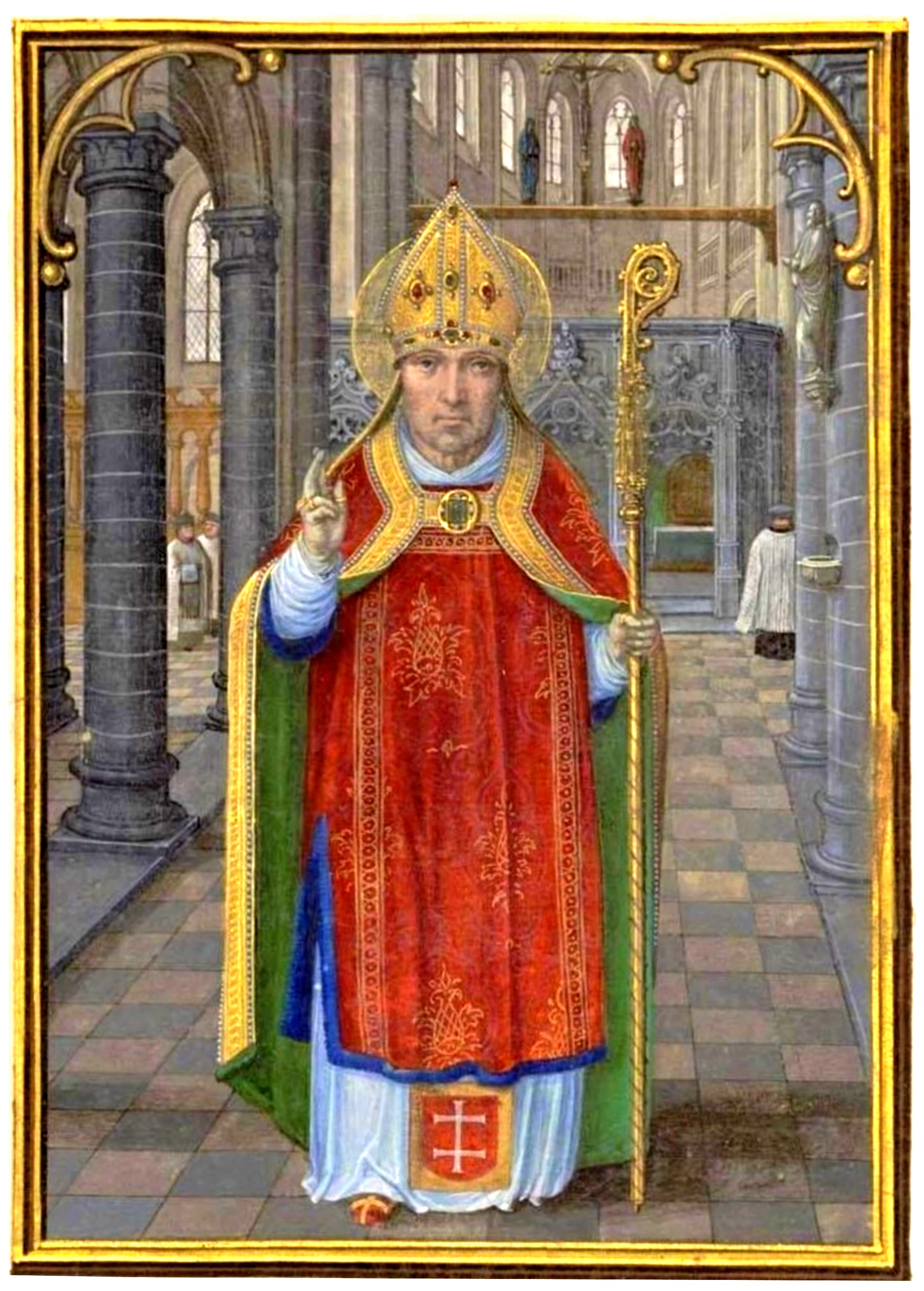 En arrière-plan, la fameuse poutre de gloire qui a disparu depuis. Saint Omer évêque, Missel d’Odoard de Bersacques, prévôt de la collégiale Saint-Omer, chapelain puis grand aumônier de Charles Quint, 1530-1558. ( ©Bibliothèque de l’Agglomération du Pays de Saint-Omer ) En arrière-plan, la fameuse poutre de gloire qui a disparu depuis. Saint Omer évêque, Missel d’Odoard de Bersacques, prévôt de la collégiale Saint-Omer, chapelain puis grand aumônier de Charles Quint, 1530-1558. ( ©Bibliothèque de l’Agglomération du Pays de Saint-Omer )