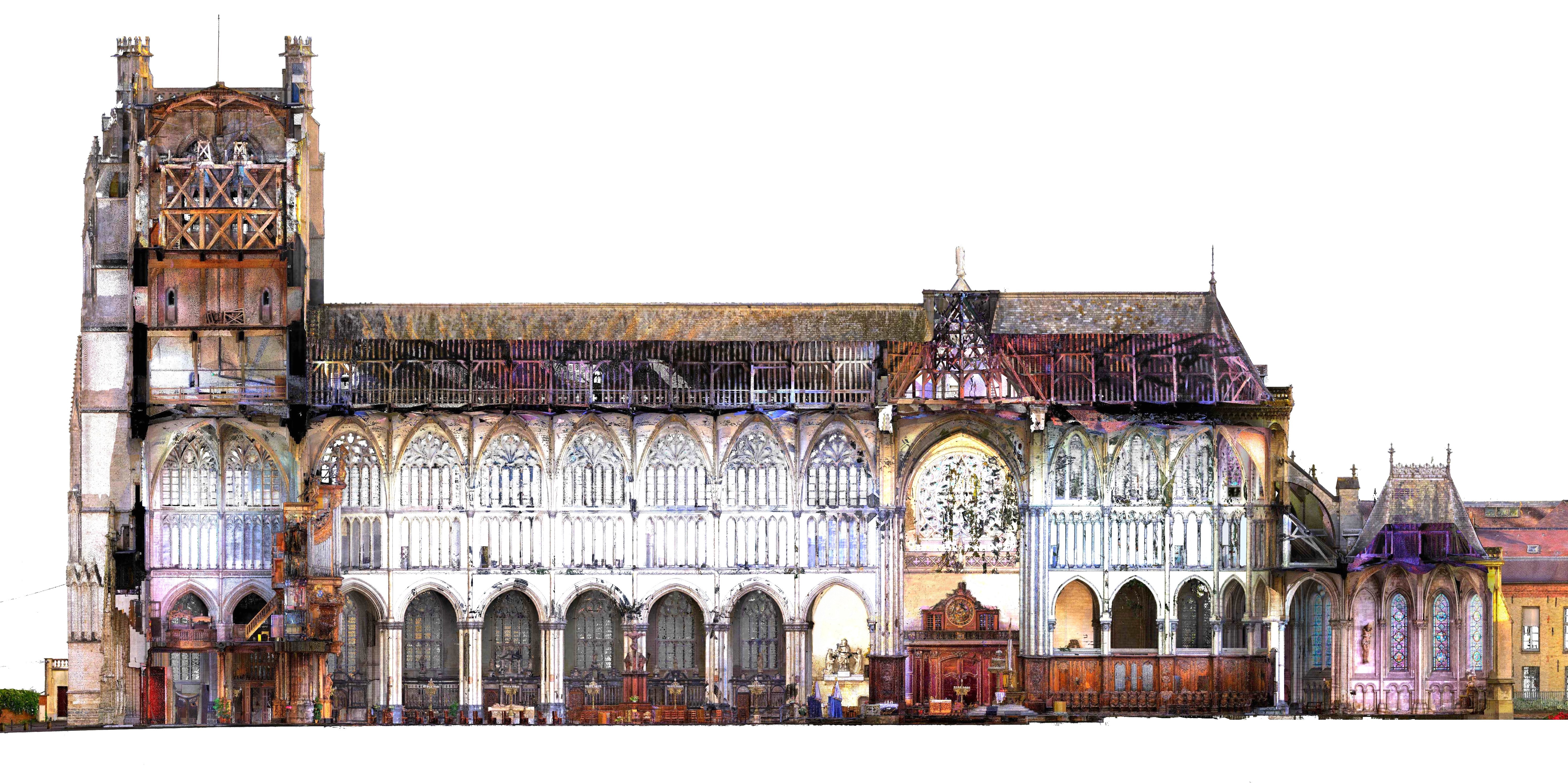 coupe en long scannérisée   de la Cathédrale, coupe en regardant vers le nord. De la Tour porche à la chapelle Absidale en passant par le Transept et le Choeu