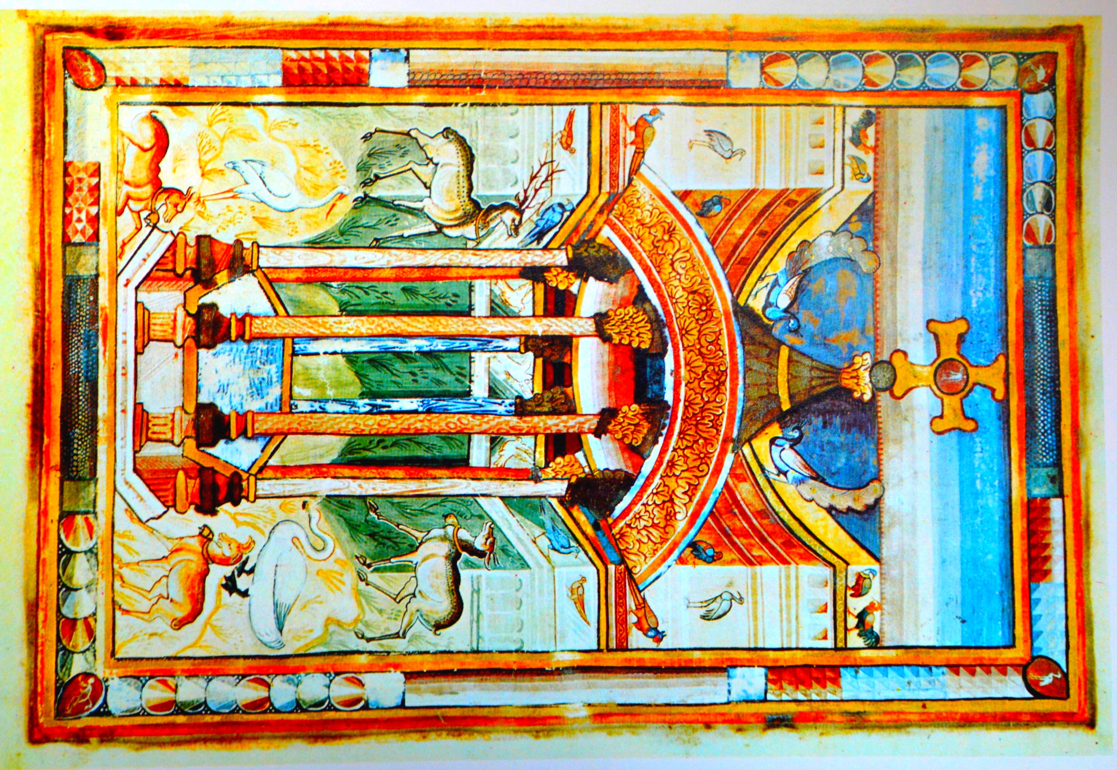 Miniature extraite de l'Évangéliaire de Saint- Médard de Soissons, vers 805. S'inspirant de l'art classique, l'enlumineur reprend l'utilisation de la couleur pourpre, la recherche d'effets de perspective et un certain naturalisme dans les figures et les paysages pour obtenir des effets illusionnistes.